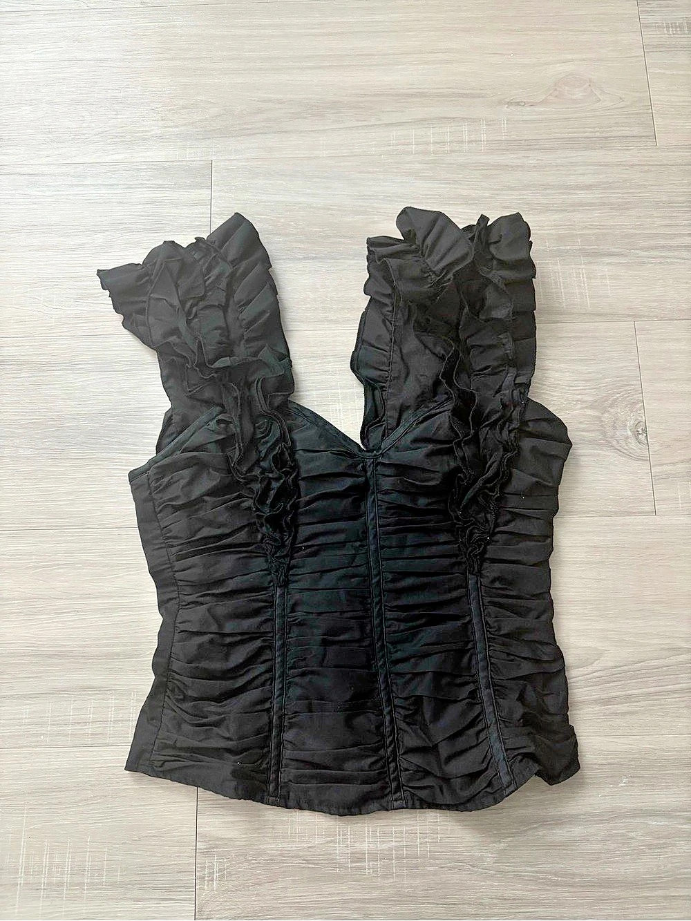 Bebe Black Ruffle Ruched Lace-Up Corset Top
